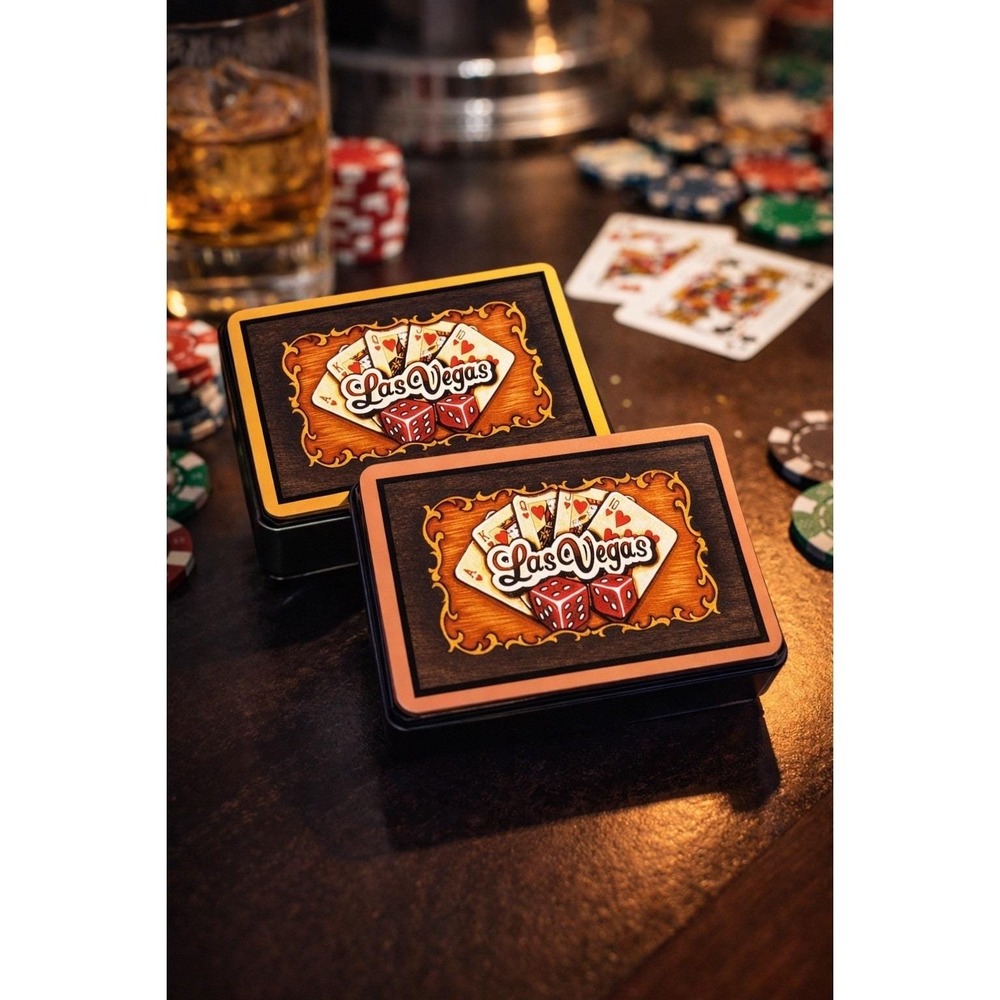 Vtg Las Vegas Double Deck Playing Cards Wood Grain Dice Design Hong Kong Case